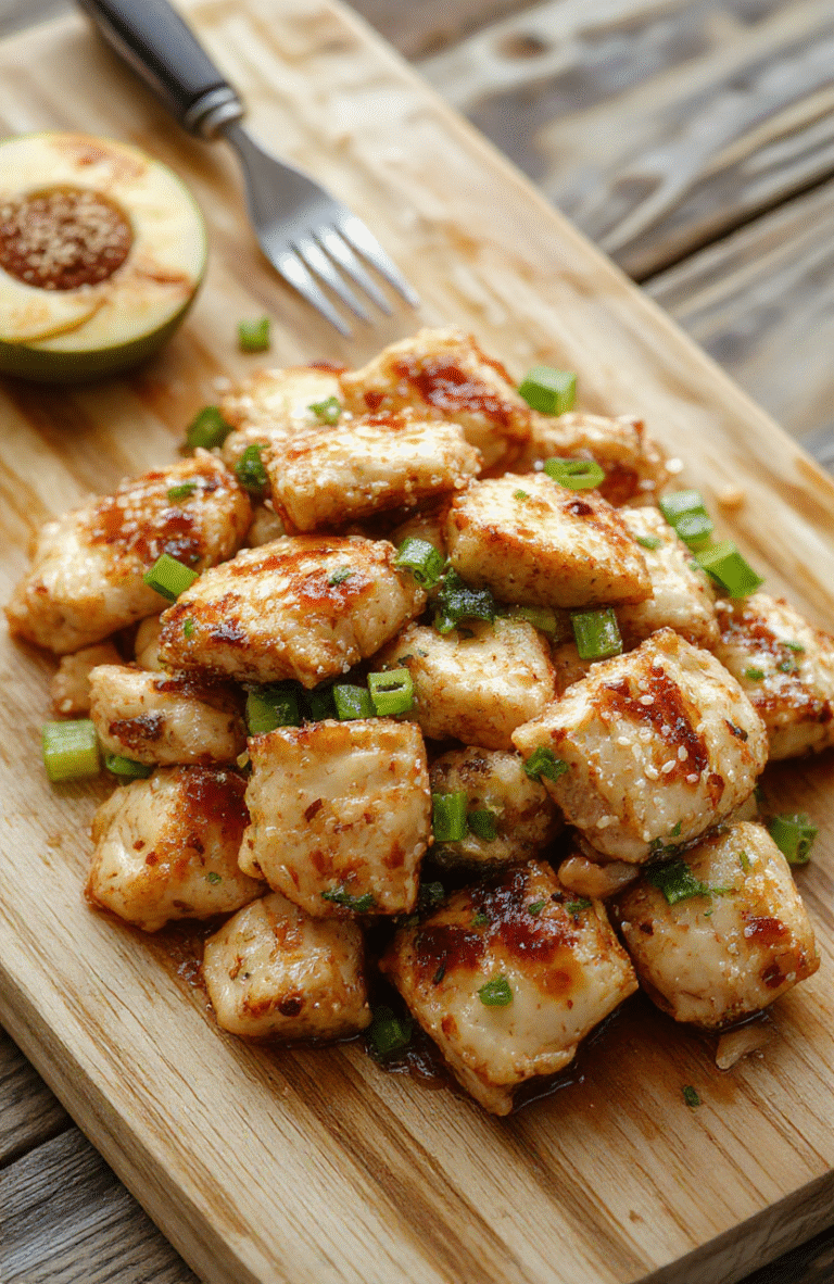 A vibrant plate of grilled chicken strips coated in glossy sesame-ginger glaze, garnished with toasted sesame seeds and sliced green onions. Served alongside steamed jasmine rice and lightly blanched broccoli florets with a dusting of sesame seeds, on a rustic wooden cutting board. Natural lighting highlights the golden-brown sear on the chicken and the rich amber hue of the sauce.