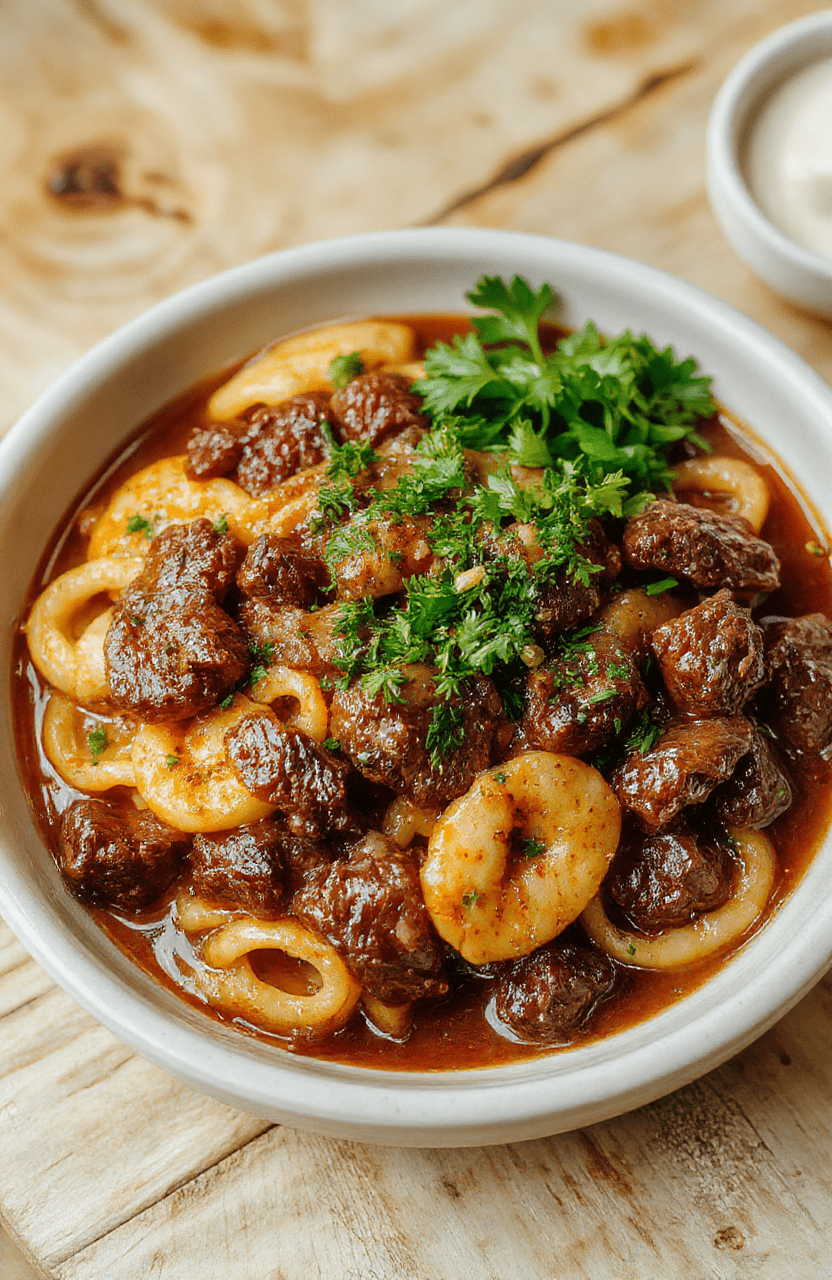 A steaming bowl of tender beef strips and wide egg noodles in a rich, slightly glossy brown gravy, garnished with fresh parsley and black pepper, served on a rustic ceramic plate against a warm wooden table.