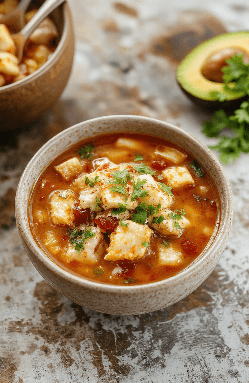 A steaming bowl of rich, vibrant chicken tortilla soup topped with crispy fried tortilla strips, fresh cilantro, diced avocado, a swirl of sour cream, andshredded sharp cheddar cheese, served in a rustic white ceramic bowl against a wooden table with soft daylight and shallow depth of field.