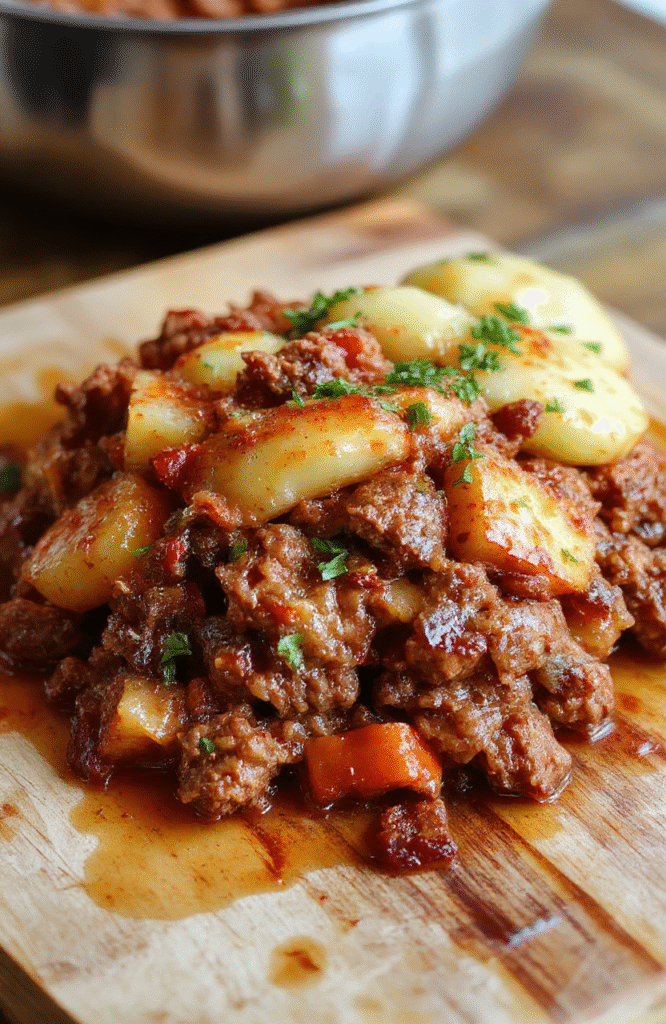 A golden-brown, bubbly cheesy casserole in a cast-iron skillet, topped with melted cheddar and fresh parsley, layered with tender ground beef, diced potatoes, carrots, and green beans, served with crispy oven-roasted edges.