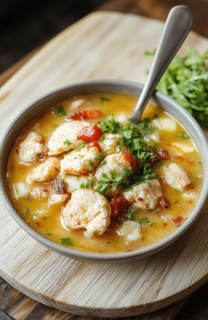 Steam rising from a rustic ceramic bowl filled with creamy chicken rice soup, featuring tender shredded chicken, fluffy rice, diced carrots, celery, and fresh parsley, garnished with a sprig of thyme on a wooden table with subtle natural light.