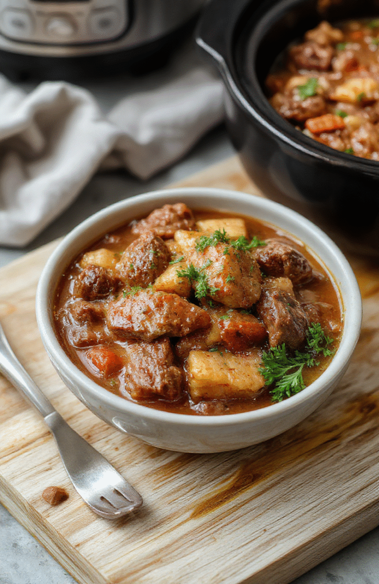 A steaming bowl of hearty beef stew with tender browned beef cubes, carrots, potatoes, and onions in a rich brown broth, garnished with fresh parsley, served in a rustic ceramic bowl on a wooden table with soft natural light.