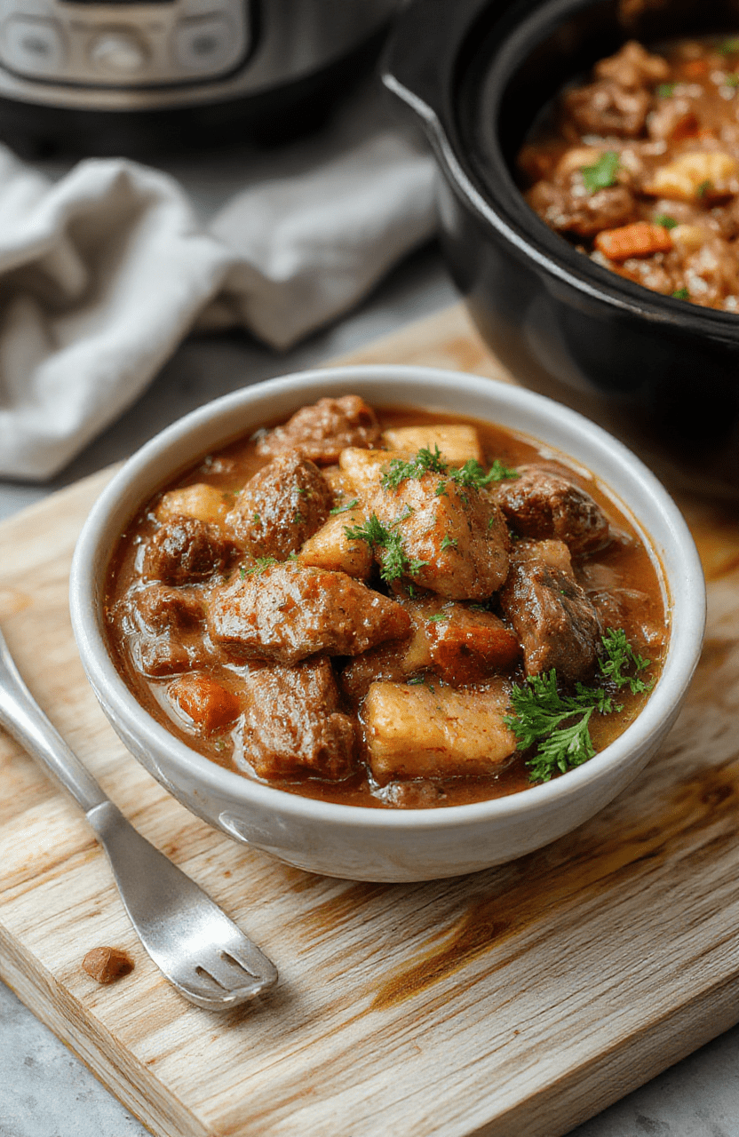 A steaming bowl of hearty beef stew with tender browned beef cubes, carrots, potatoes, and onions in a rich brown broth, garnished with fresh parsley, served in a rustic ceramic bowl on a wooden table with soft natural light.