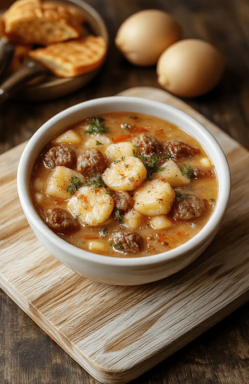 A steaming bowl of rich, creamy sausage potato soup with chunks of tender potatoes, browned sausage slices, and green onions sprinkled on top, served in a rustic ceramic bowl on a wooden table with soft natural lighting and soft shadows