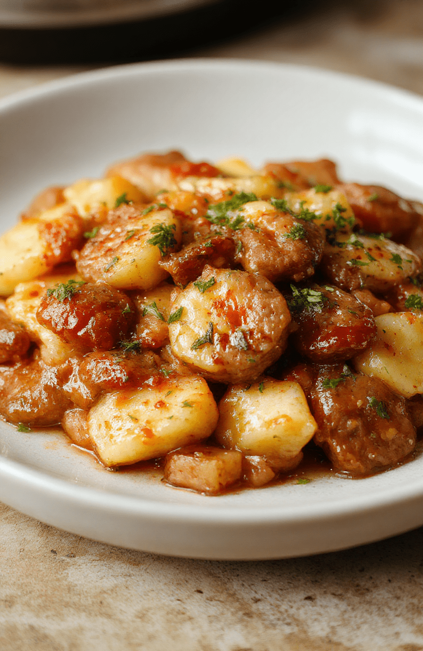 A golden-brown, bubbling casserole dish with juicy Italian sausage chunks, tender roasted potatoes, caramelized onions, and melted cheddar cheese, garnished with fresh parsley, served straight from a cast-iron skillet on a rustic wooden table.
