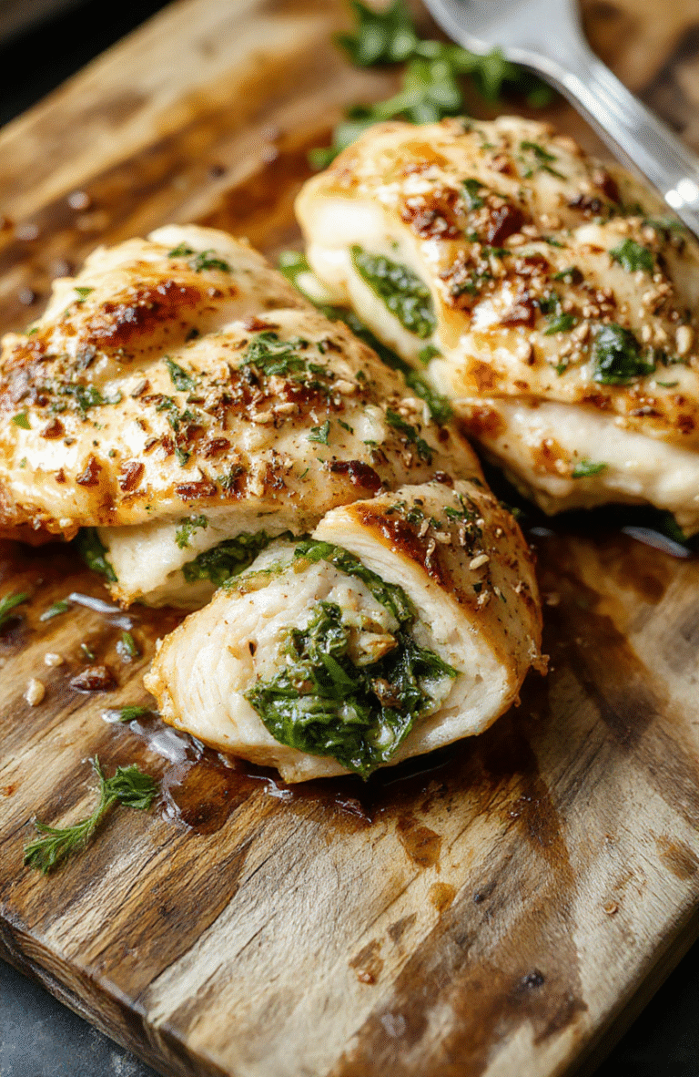 Two golden-brown oven-roasted chicken breasts halved lengthwise, stuffed with vibrant green spinach, garlic, and feta mixture, glistening with olive oil, served on a rustic wooden board with a sprinkle of fresh parsley and lemon zest