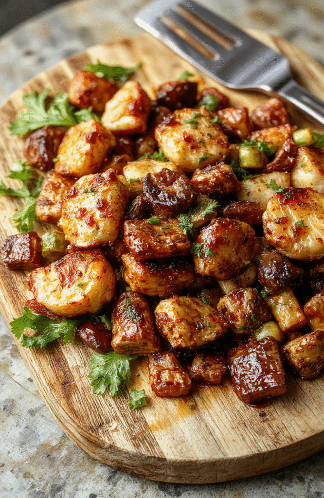 A vibrant sheet pan dinner with grilled chicken breast slices, cherry tomatoes, zucchini, and bell peppers, lightly charred and glistening with olive oil, sprinkled with fresh parsley, served on a rustic wooden board with subtle steam rising, natural light highlighting the colorful, healthy ingredients.
