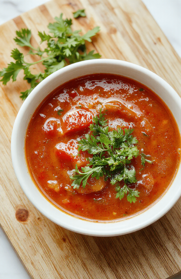 A rustic ceramic bowl filled with vibrant red homemade tomato soup, garnished with fresh basil leaves, a swirl of cream, and a sprinkle of cracked black pepper, placed on a light wooden table with soft natural light and subtle steam rising from the surface.