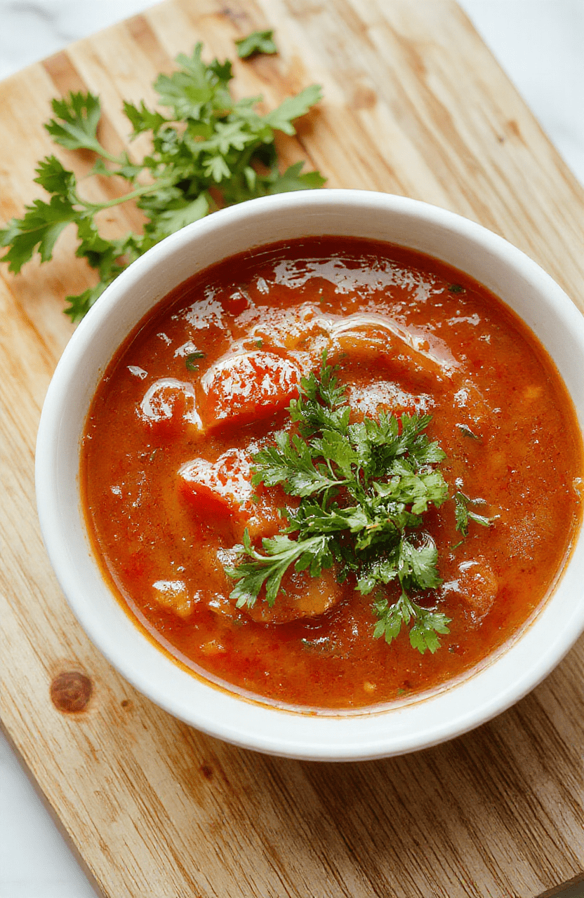 A rustic ceramic bowl filled with vibrant red homemade tomato soup, garnished with fresh basil leaves, a swirl of cream, and a sprinkle of cracked black pepper, placed on a light wooden table with soft natural light and subtle steam rising from the surface.