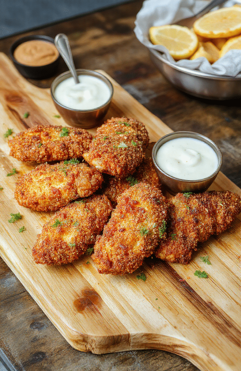 Golden-brown crispy chicken tenders resting on a rustic wooden cutting board, garnished with freshly chopped parsley and a lemon wedge on the side, served with a small bowl of tangy homemade sauce drizzled lightly over the plate.