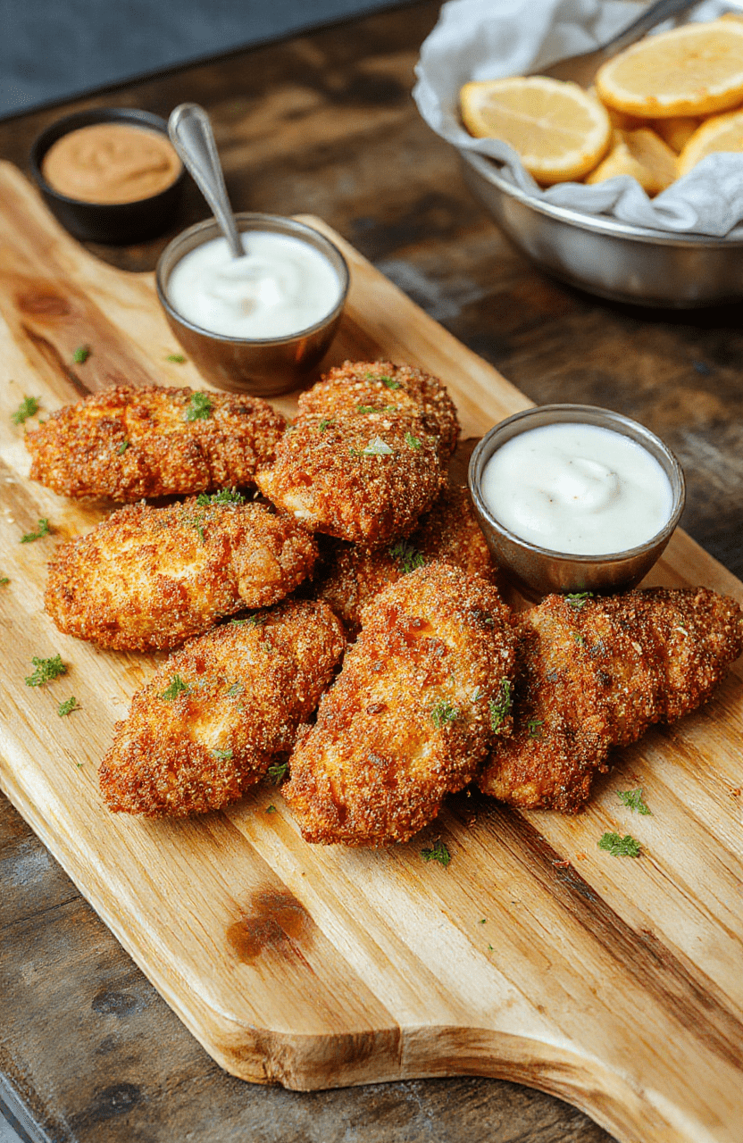 Golden-brown crispy chicken tenders resting on a rustic wooden cutting board, garnished with freshly chopped parsley and a lemon wedge on the side, served with a small bowl of tangy homemade sauce drizzled lightly over the plate.