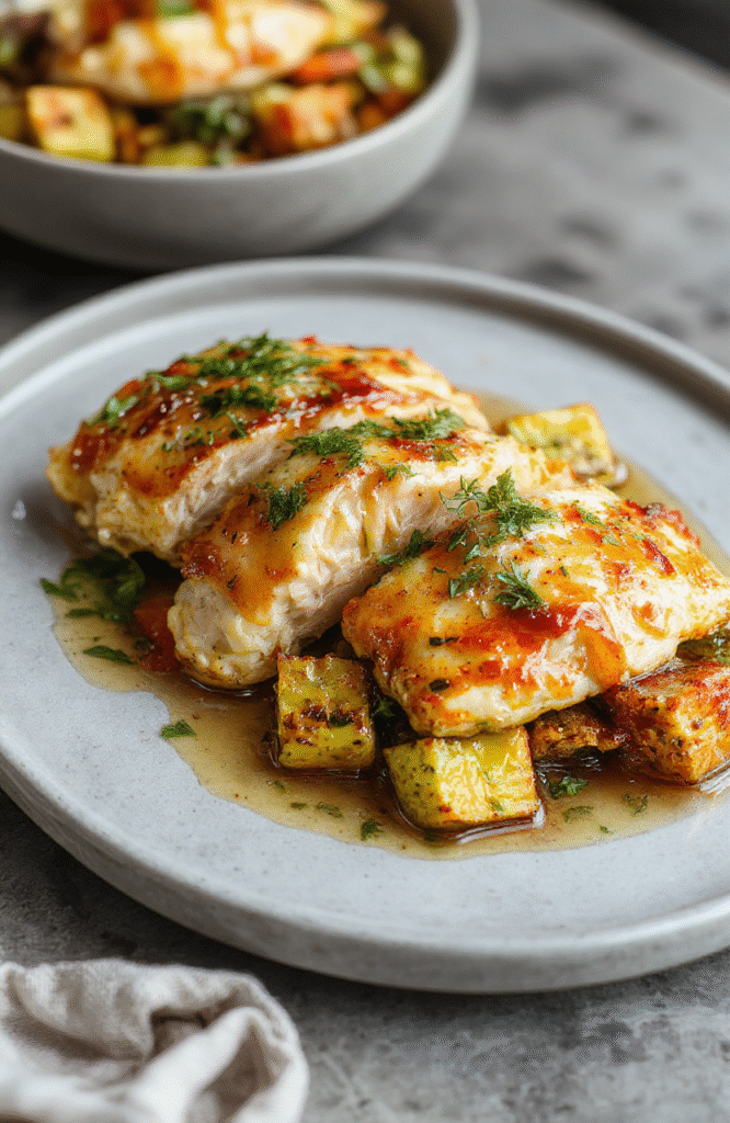 Golden-brown seared chicken thighs glistening with glossy honey butter glaze, served beside roasted rainbow carrots and broccoli florets on a rustic ceramic plate, garnished with fresh parsley and a drizzle of honey, on a light wood cutting board.