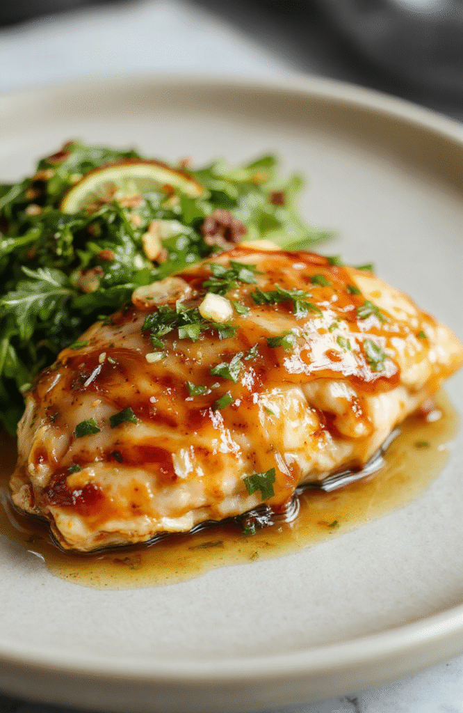 Golden-brown honey garlic chicken thighs glistening with sticky glaze, nestled on a bed of fluffy jasmine rice, garnished with toasted sesame seeds and sliced green onions, in a rustic ceramic bowl against a light wooden background.
