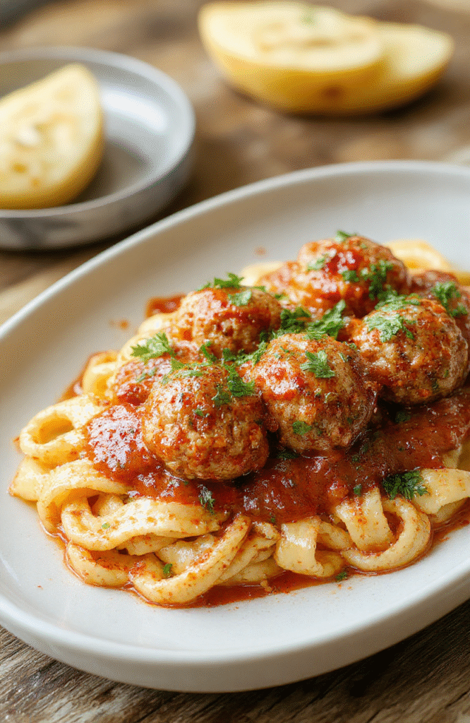 Golden-brown juicy turkey meatballs nestled in a rich red marinara sauce atop al dente spaghetti, garnished with fresh parsley and a sprinkle of parmesan, served in a rustic ceramic bowl against a wooden table with soft natural lighting.