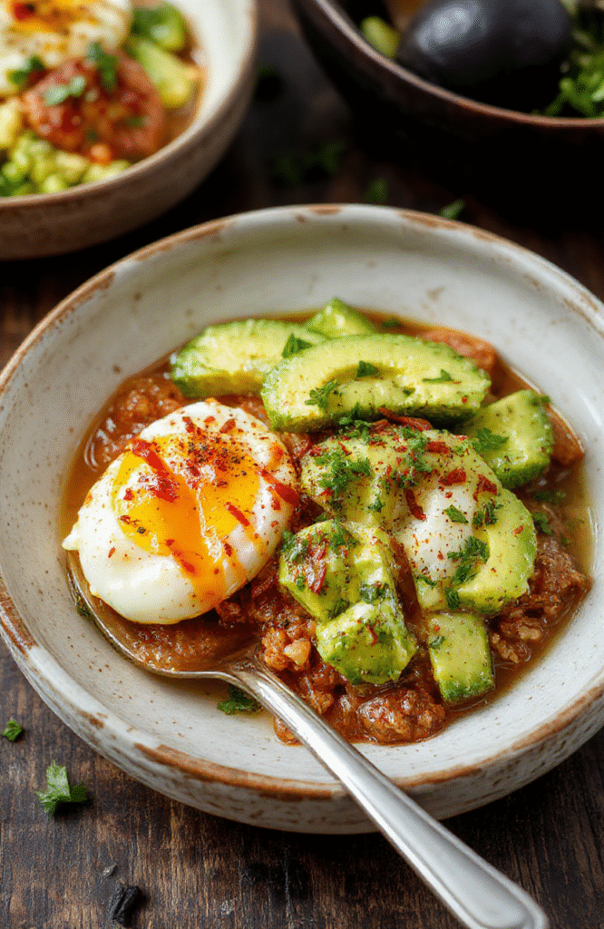 A vibrant keto breakfast bowl featuring a perfectly poached egg nestled in creamy sliced avocado on a bed of sautéed spinach and cherry tomatoes, topped with crumbled bacon, chopped chives, and a drizzle of olive oil. Served on a rustic white ceramic plate with soft natural lighting.