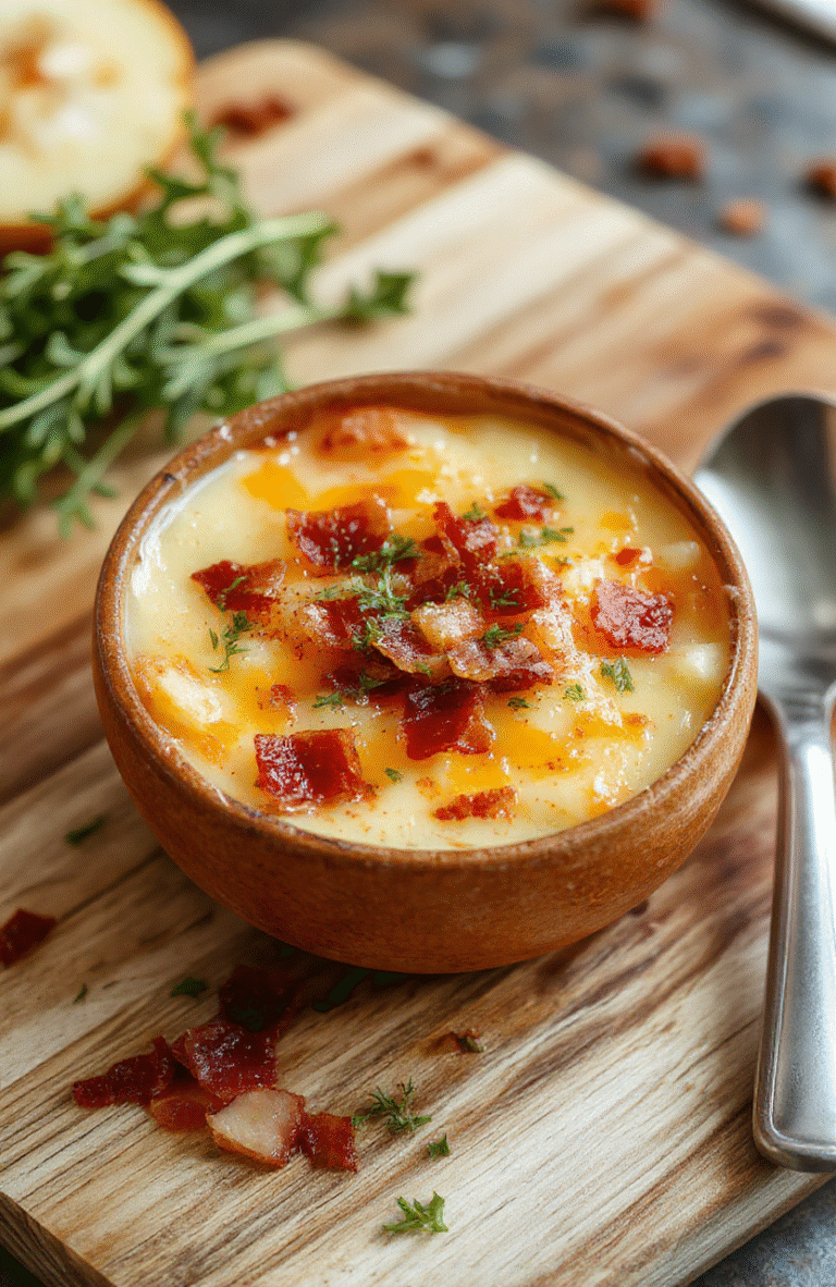 Creamy loaded potato soup in a rustic white bowl, topped with crumbled bacon, shredded sharp cheddar cheese, chopped chives, and a dollop of sour cream, served with rustic bread on the side against a light wood table with natural light and soft shadows.
