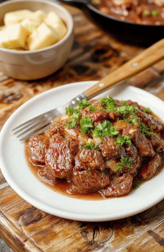 A rustic ceramic slow cooker bowl filled with fall-apart tender beef cubes in rich brown gravy, surrounded by baby carrots, celery, and golden onions, garnished with fresh parsley on a wooden cutting board, natural daylight, shallow depth of field