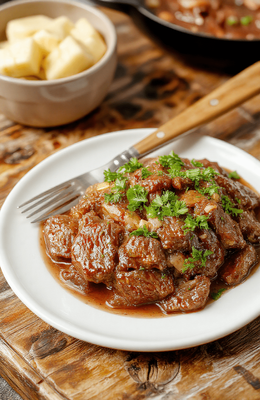 A rustic ceramic slow cooker bowl filled with fall-apart tender beef cubes in rich brown gravy, surrounded by baby carrots, celery, and golden onions, garnished with fresh parsley on a wooden cutting board, natural daylight, shallow depth of field