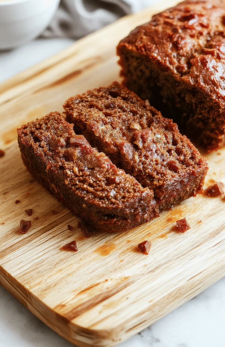 Golden-brown banana bread loaf sliced diagonally on a wooden cutting board, showing a tender crumb with tiny banana chunks, dusted lightly with powdered sugar, resting beside a ripe yellow banana and a drizzle of melted butter on a rustic ceramic plate