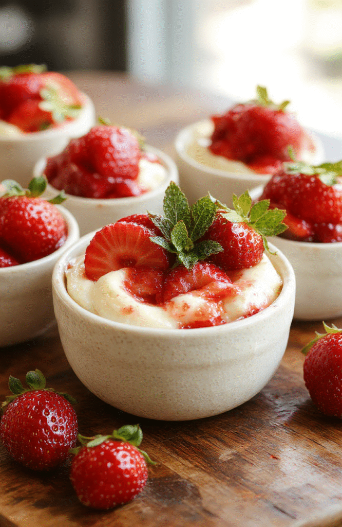 Bright red ripe strawberries filled with creamy white no-bake cheesecake mixture, arranged on a white ceramic plate with a dusting of powdered sugar and fresh mint leaves)