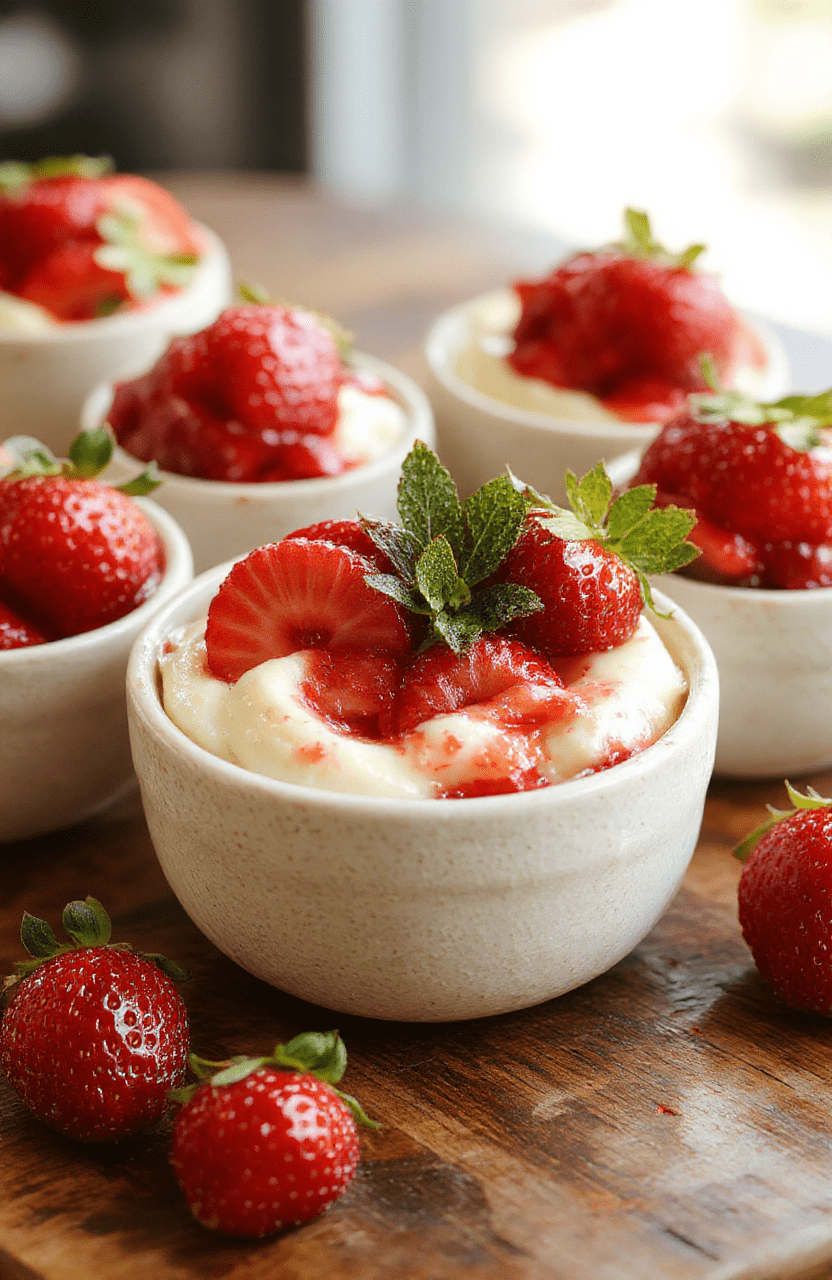 Bright red ripe strawberries filled with creamy white no-bake cheesecake mixture, arranged on a white ceramic plate with a dusting of powdered sugar and fresh mint leaves)