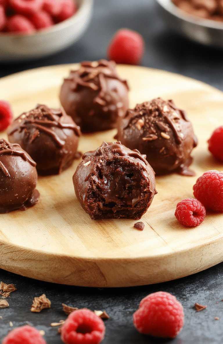 Assorted no-bake chocolate raspberry truffles on a rustic wooden board, glossy dark chocolate shells dotted with freeze-dried raspberry powder and fresh raspberry halves, dusted with edible gold flakes and crushed raspberries, against a soft neutral backdrop with subtle cinnamon sticks and holly berries nearby.