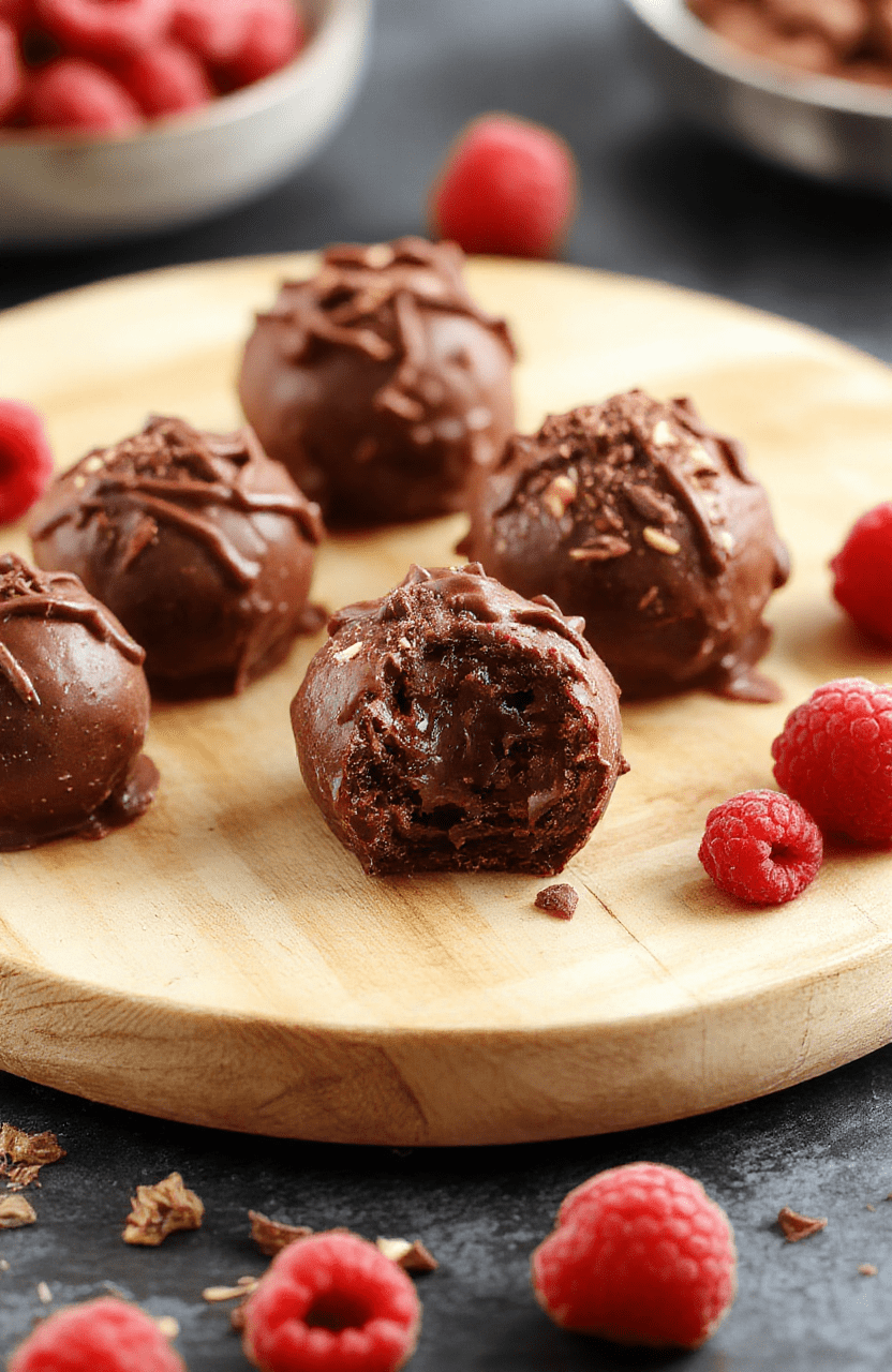 Assorted no-bake chocolate raspberry truffles on a rustic wooden board, glossy dark chocolate shells dotted with freeze-dried raspberry powder and fresh raspberry halves, dusted with edible gold flakes and crushed raspberries, against a soft neutral backdrop with subtle cinnamon sticks and holly berries nearby.