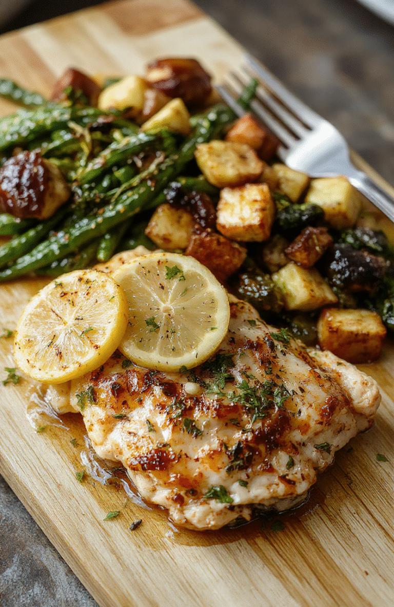 Golden-brown lemon garlic chicken thighsresting on a rustic wooden board beside vibrant roasted rainbow carrots, baby potatoes, and broccoli florets, all drizzled with olive oil and sprinkled with fresh parsley. Natural daylight, shallow depth of field, soft shadows.