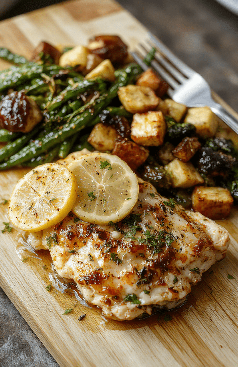 Golden-brown lemon garlic chicken thighsresting on a rustic wooden board beside vibrant roasted rainbow carrots, baby potatoes, and broccoli florets, all drizzled with olive oil and sprinkled with fresh parsley. Natural daylight, shallow depth of field, soft shadows.