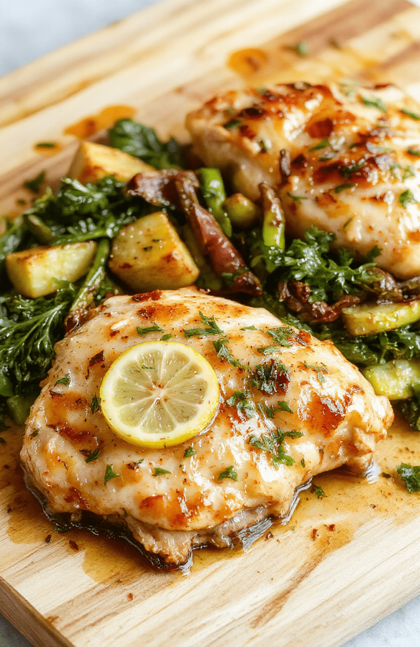 Golden-brown seared chicken thighs resting atop a vibrant mix of roasted cherry tomatoes, zucchini, and bell peppers on a rustic ceramic baking sheet, drizzled with fresh lemon juice and scattered with chopped parsley, surrounded by minimal rustic utensils.
