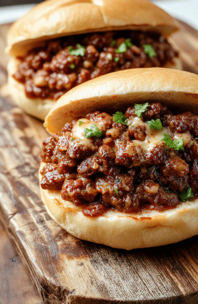 Golden-brown toasted Kaiser rolls filled with savory ground beef and sautéed bell peppers and onions, topped with melted provolone cheese, served on a rustic wooden board with a side of pickle spears and ketchup bottle