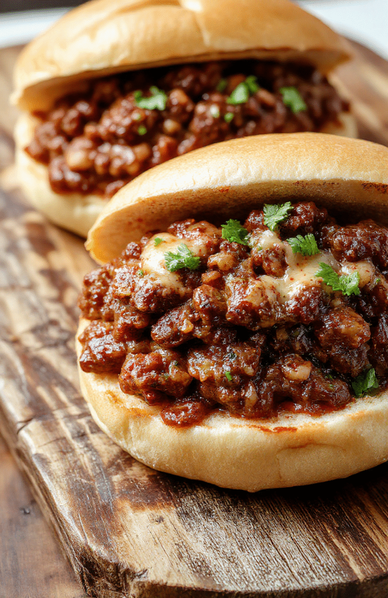 Golden-brown toasted Kaiser rolls filled with savory ground beef and sautéed bell peppers and onions, topped with melted provolone cheese, served on a rustic wooden board with a side of pickle spears and ketchup bottle