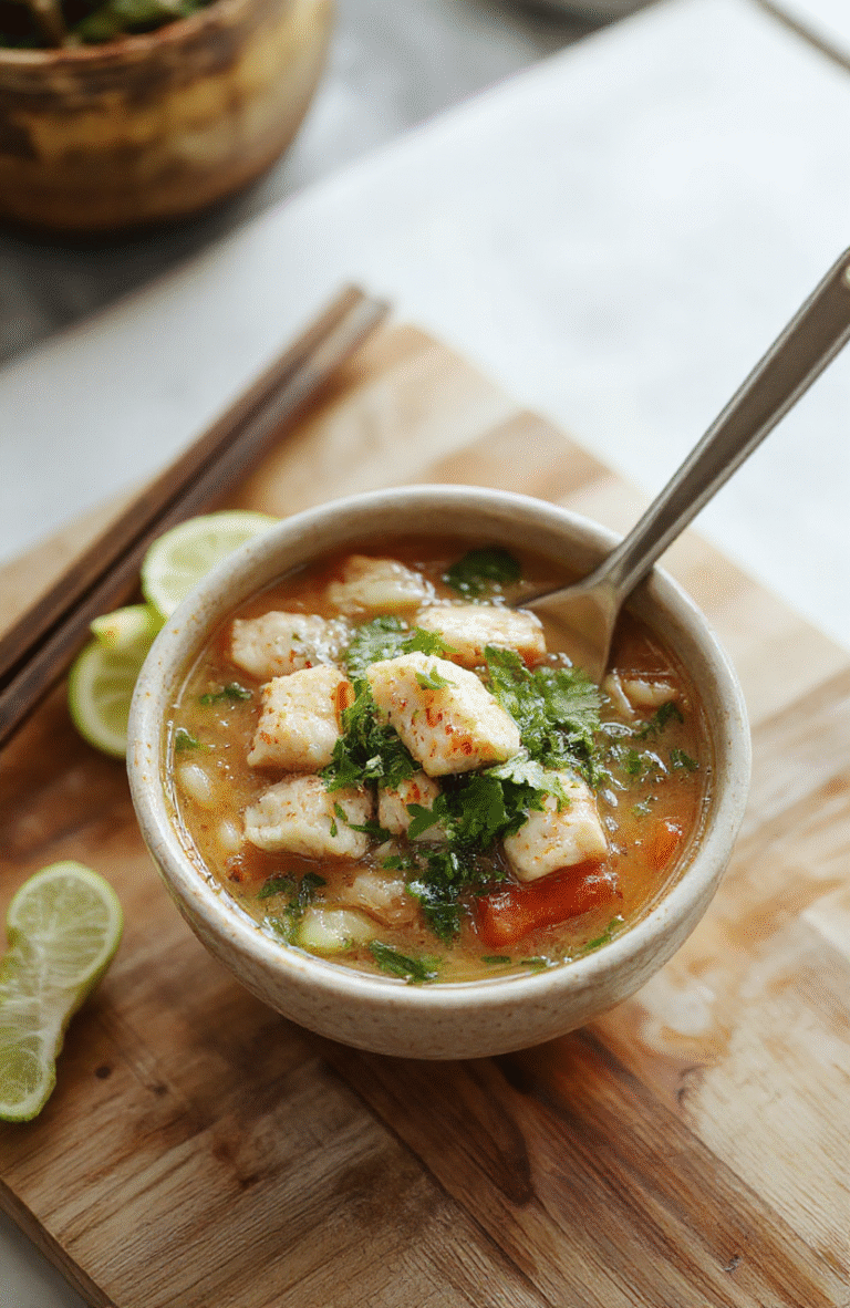 A steaming bowl of aromatic chicken pho featuring thin rice noodles, tender sliced chicken breast, fresh cilantro, Thai basil, lime wedges, and red chili slices arranged in a deep white ceramic bowl, surrounded by bean sprouts and sliced scallions on a rustic wooden table.