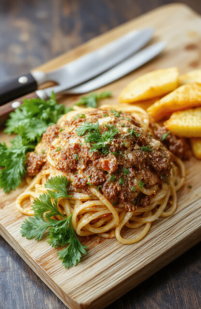 A vibrant plate of glossy spaghetti tossed with savory-sweet ground beef, scallions, sesame seeds, and a drizzle of soy-ginger glaze, served in a white ceramic bowl against a light wooden board, with steam rising and fresh cilantro garnish on top.