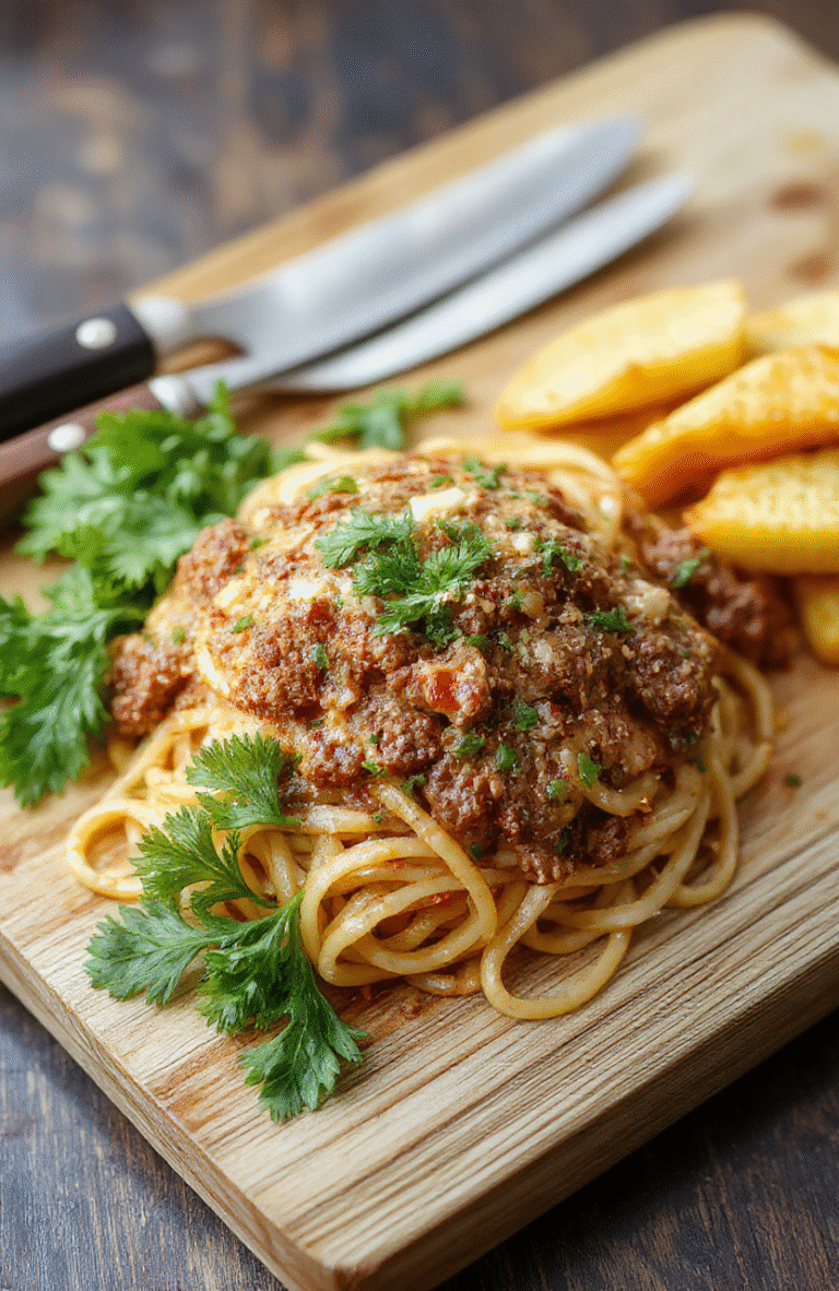A vibrant plate of glossy spaghetti tossed with savory-sweet ground beef, scallions, sesame seeds, and a drizzle of soy-ginger glaze, served in a white ceramic bowl against a light wooden board, with steam rising and fresh cilantro garnish on top.