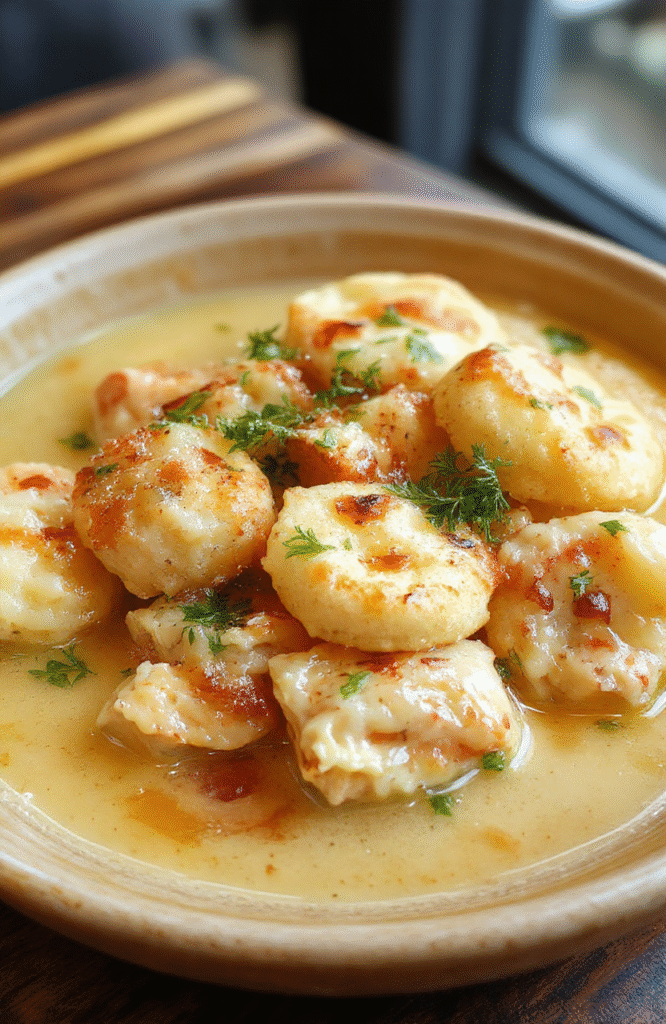 Steaming bowl of rich chicken dumpling soup with tender shredded chicken, soft buttermilk biscuit dumplings, and colorful carrots and celery in a creamy broth, garnished with fresh parsley, served in a rustic ceramic bowl on a light wooden table.
