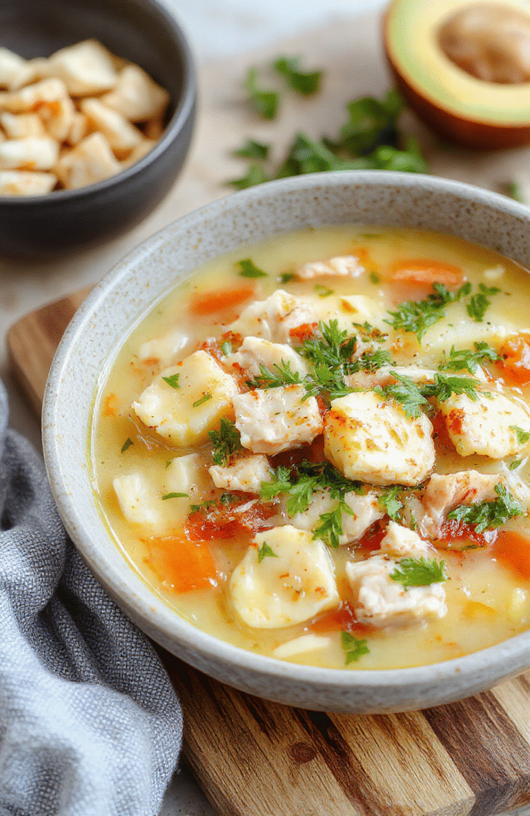 A steaming bowl of golden chicken noodle soup with tender shreds of chicken, soft egg noodles, colorful diced carrots and celery, garnished with fresh parsley, resting on a rustic wooden board with soft natural lighting.