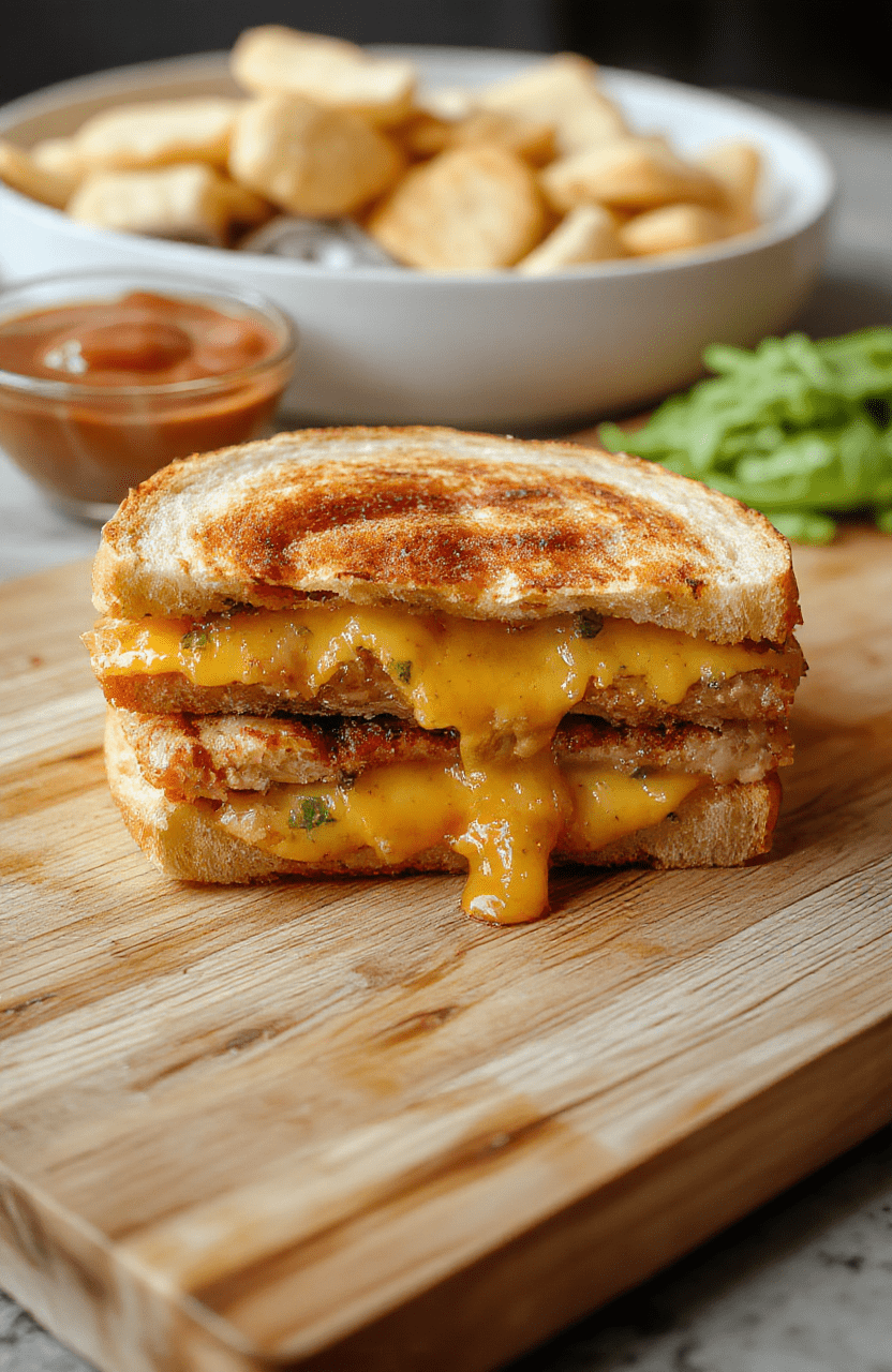 Golden-brown grilled cheese sandwich made with soft Hawaiian sweet rolls,层层 melted cheddar and American cheese oozing from the sides, resting on a rustic wooden cutting board with a side of ketchup and a drizzle of/maple syrup.