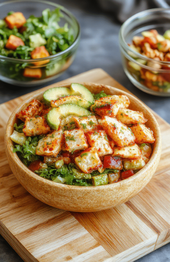 Colorful meal prep bowls with grilled chicken breast strips, quinoa, roasted broccoli, cherry tomatoes, and avocado slices, arranged in a balanced, vibrant layout on a rustic wooden board in natural light. Fresh herbs and lemon wedges garnish the top.