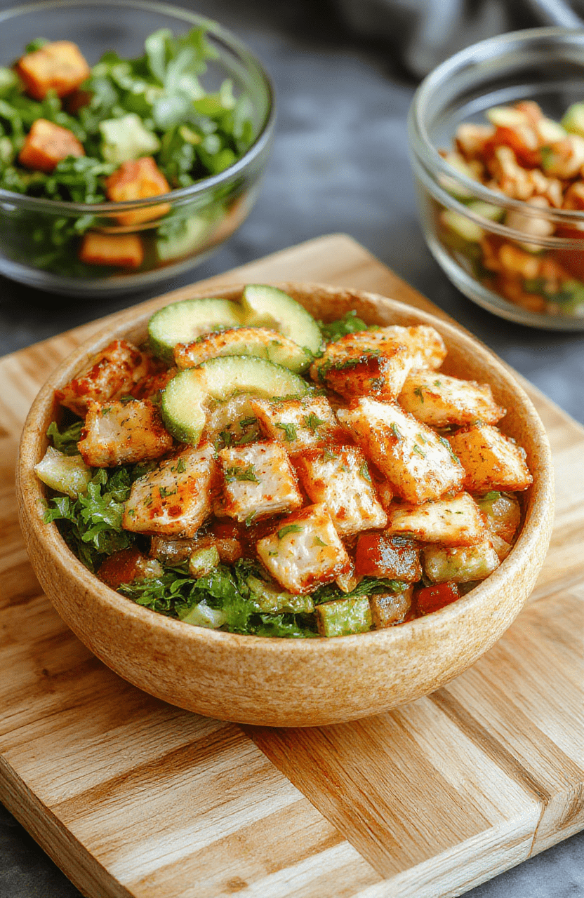 Colorful meal prep bowls with grilled chicken breast strips, quinoa, roasted broccoli, cherry tomatoes, and avocado slices, arranged in a balanced, vibrant layout on a rustic wooden board in natural light. Fresh herbs and lemon wedges garnish the top.