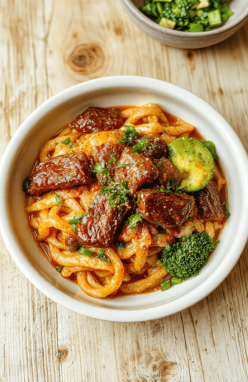 Glossy brown Mongolian beef with tender strips of beef, caramelized onions, and crisp broccoli florets tossed with golden egg noodles in a dark ceramic bowl, garnished with sesame seeds and sliced green onions, drizzled with oily sesame-ginger glaze, natural daylight, shallow depth of field, no text, clean background
