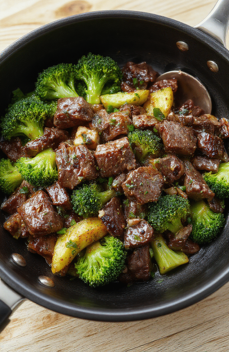 Juicy strips of beef and vibrant green broccoli florets sizzling in a glossy Garlic Soy sauce in a dark cast-iron skillet, garnished with sesame seeds and sliced green onions, served on a plain white ceramic plate against a rustic wooden table in soft natural daylight.