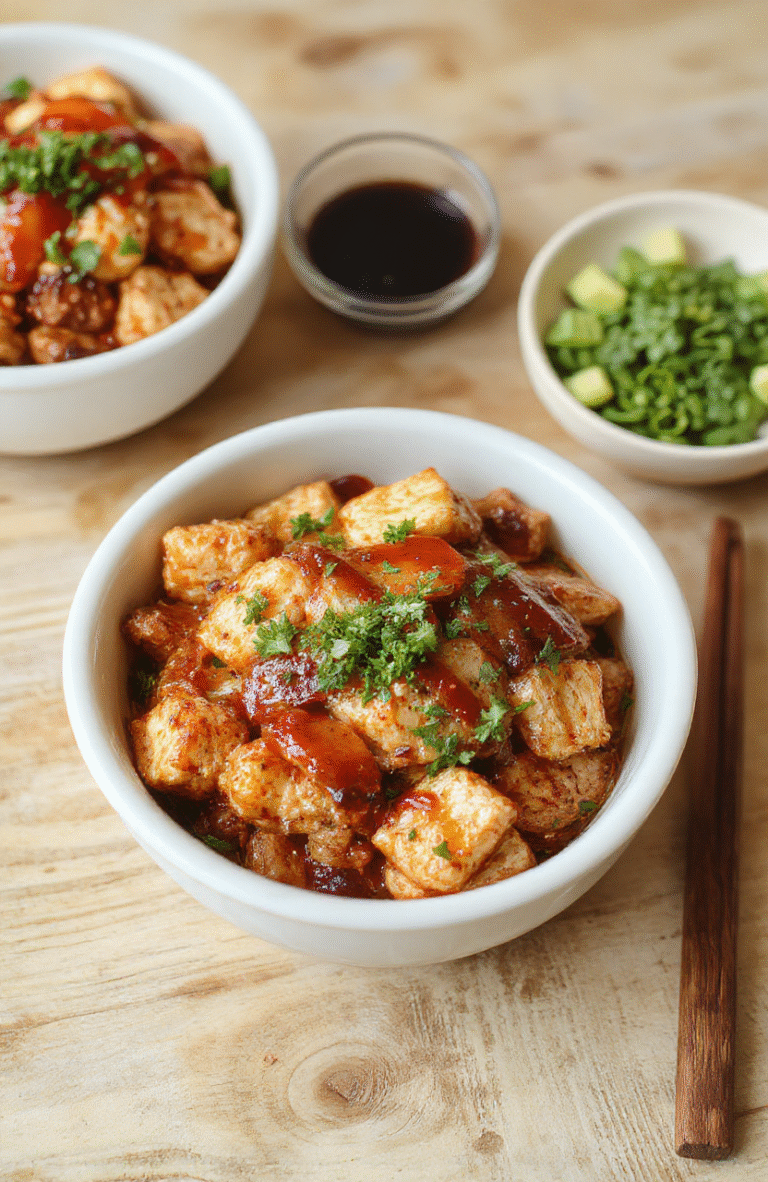 A vibrant turkey teriyaki bowl with grilled teriyaki-marinated ground turkey, fluffy jasmine rice, and colorful toppings: sliced green onions, sesame seeds, shredded carrots, cucumber ribbons, and steamed broccoli florets. Served in a simple white ceramic bowl on a light wooden table.