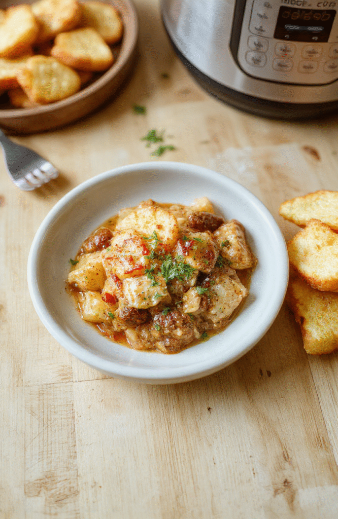 A sleek silver Instant Pot on a clean white countertop next to a rustic wooden cutting board with fresh garlic, onion,胡萝卜, and herbs; steam rises from the pot lid as it opens, revealing a hearty chicken and vegetable stew inside a white ceramic bowl garnished with parsley.