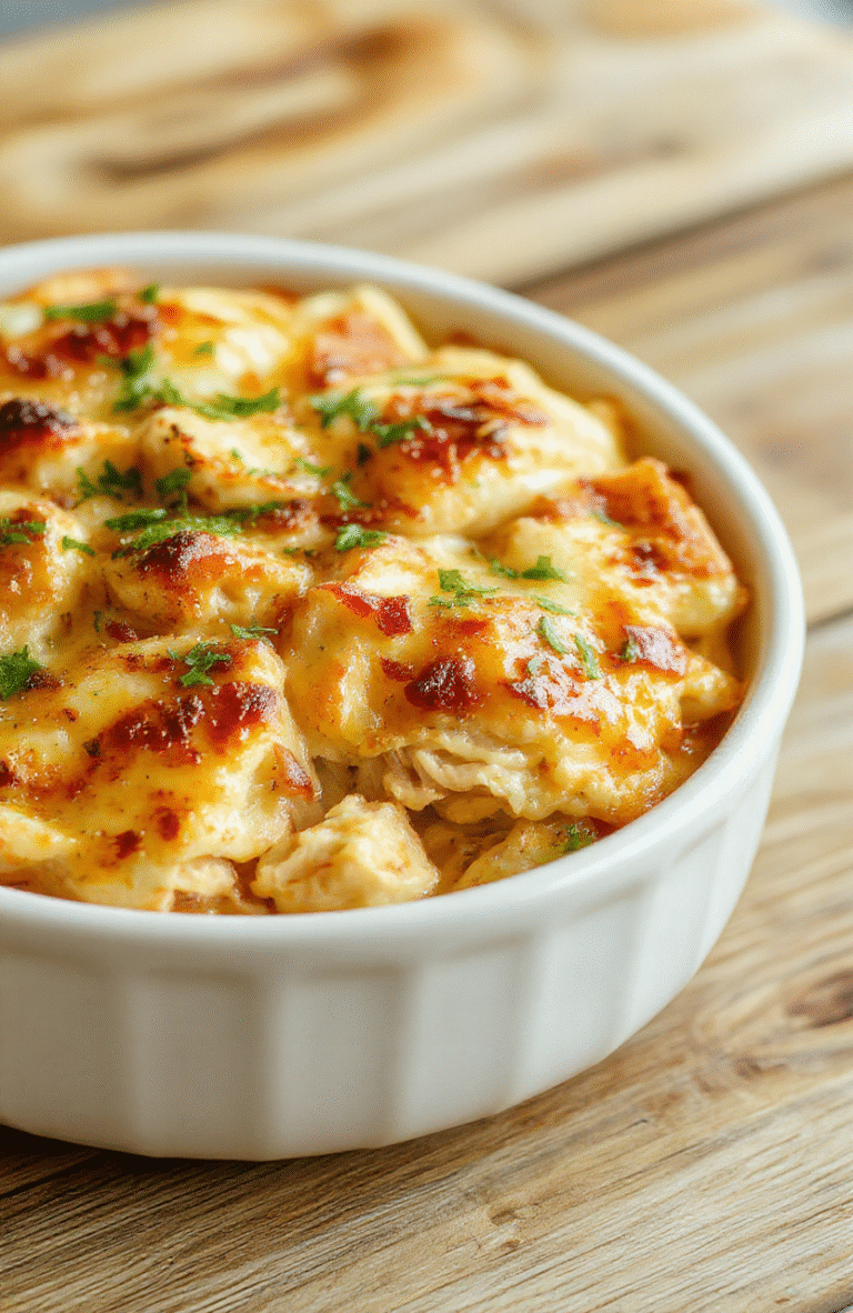 Golden-brown creamy chicken casserole in a deep ceramic dish, topped with melted cheddar and mozzarella cheese, with visible shredded chicken, peas, carrots, and crispy crushed potato chips scattered on top. Served with a side of fresh parsley for garnish.