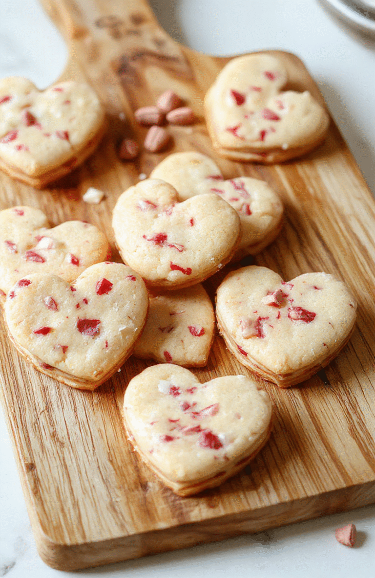 Crisp, golden-brown cookies shaped as hearts, elegantly dusted with pastel pink and red powdered sugar, arranged on a rustic wooden board with fresh red rose petals and a scattering of edible pink glitter, soft natural light highlighting their delicate texture and subtle glaze