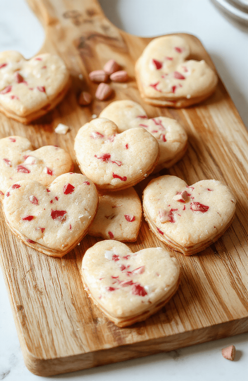 Crisp, golden-brown cookies shaped as hearts, elegantly dusted with pastel pink and red powdered sugar, arranged on a rustic wooden board with fresh red rose petals and a scattering of edible pink glitter, soft natural light highlighting their delicate texture and subtle glaze