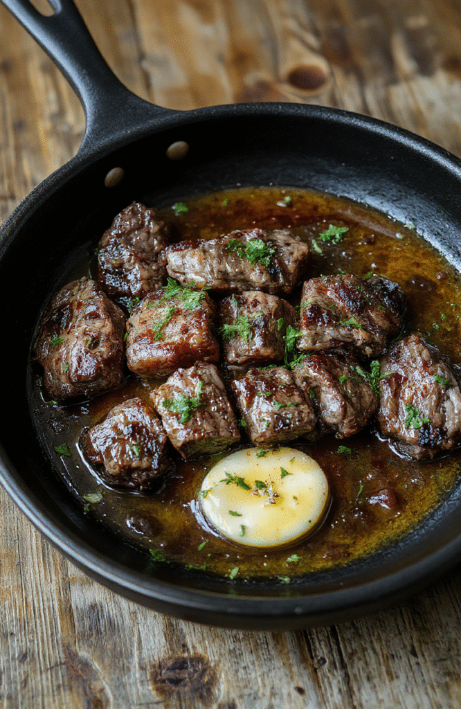 A sizzling cast-iron skillet centered on the image, holding tender seared steak strips glistening with golden-brown garlic butter sauce, shallow-fried bell peppers and onions in vibrant red and yellow, and fresh parsley scattered on top. Background is lightly blurred kitchen countertop in warm beige tones.