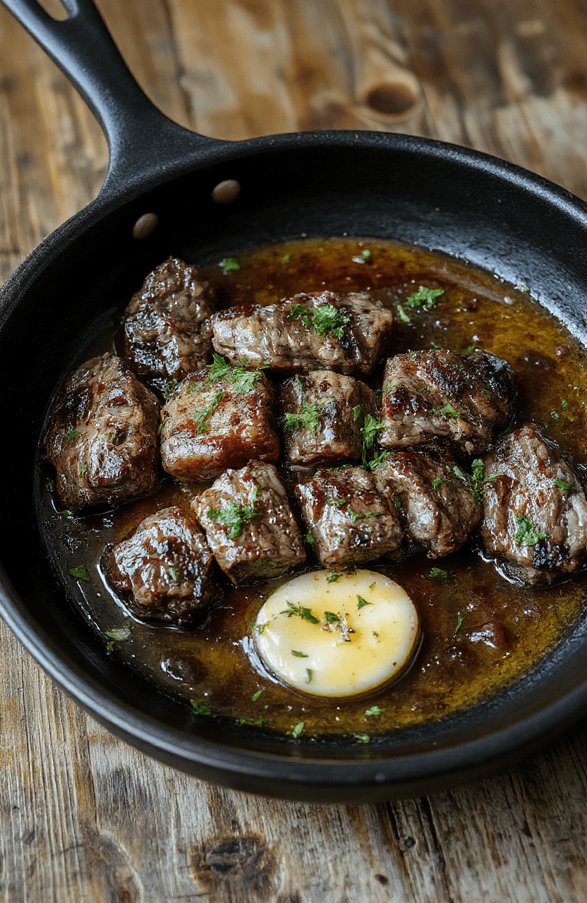 A sizzling cast-iron skillet centered on the image, holding tender seared steak strips glistening with golden-brown garlic butter sauce, shallow-fried bell peppers and onions in vibrant red and yellow, and fresh parsley scattered on top. Background is lightly blurred kitchen countertop in warm beige tones.