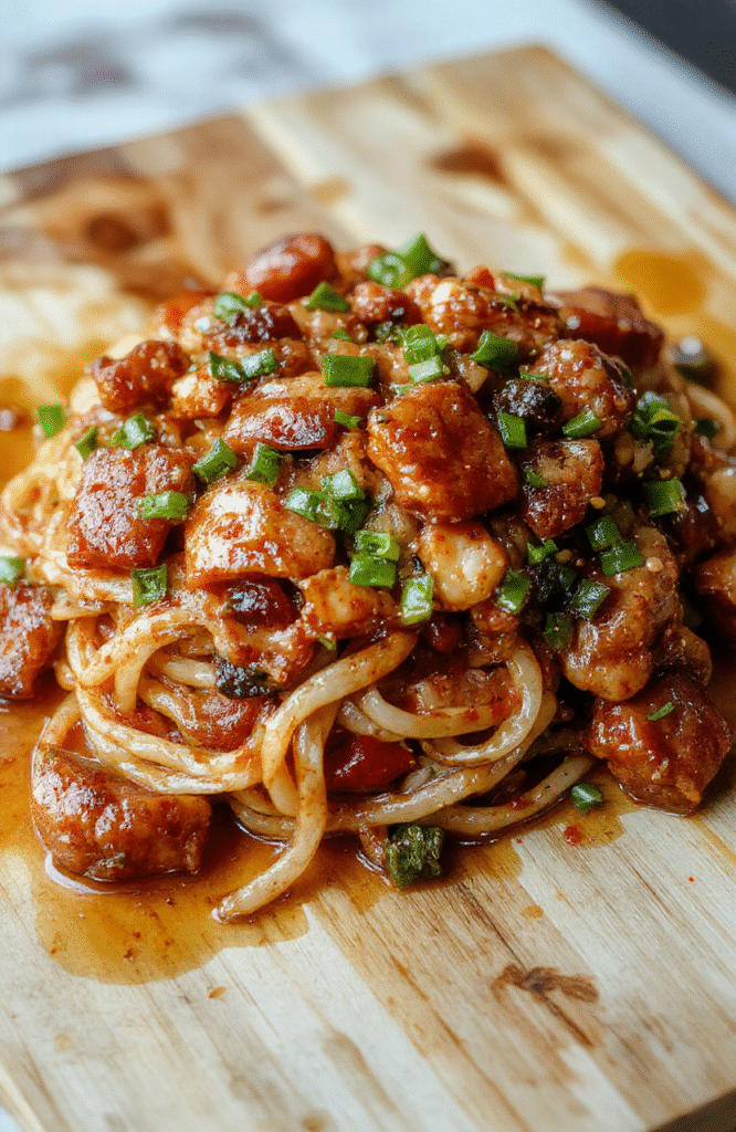 Vibrant bowl of kung pao noodles with tender chicken, crisp bell peppers, spicy red chilies, and roasted peanuts tossed in glossy brown sauce, served in a white ceramic bowl on a rustic wooden table with steam rising, garnished with green onions and sesame seeds